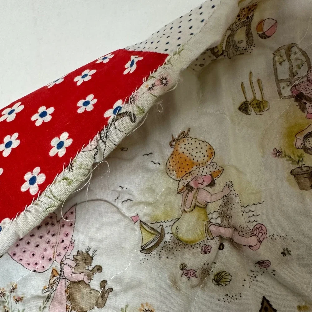 Vintage Handmade Patchwork Baby Blanket Holly Hobbie Style Quilted